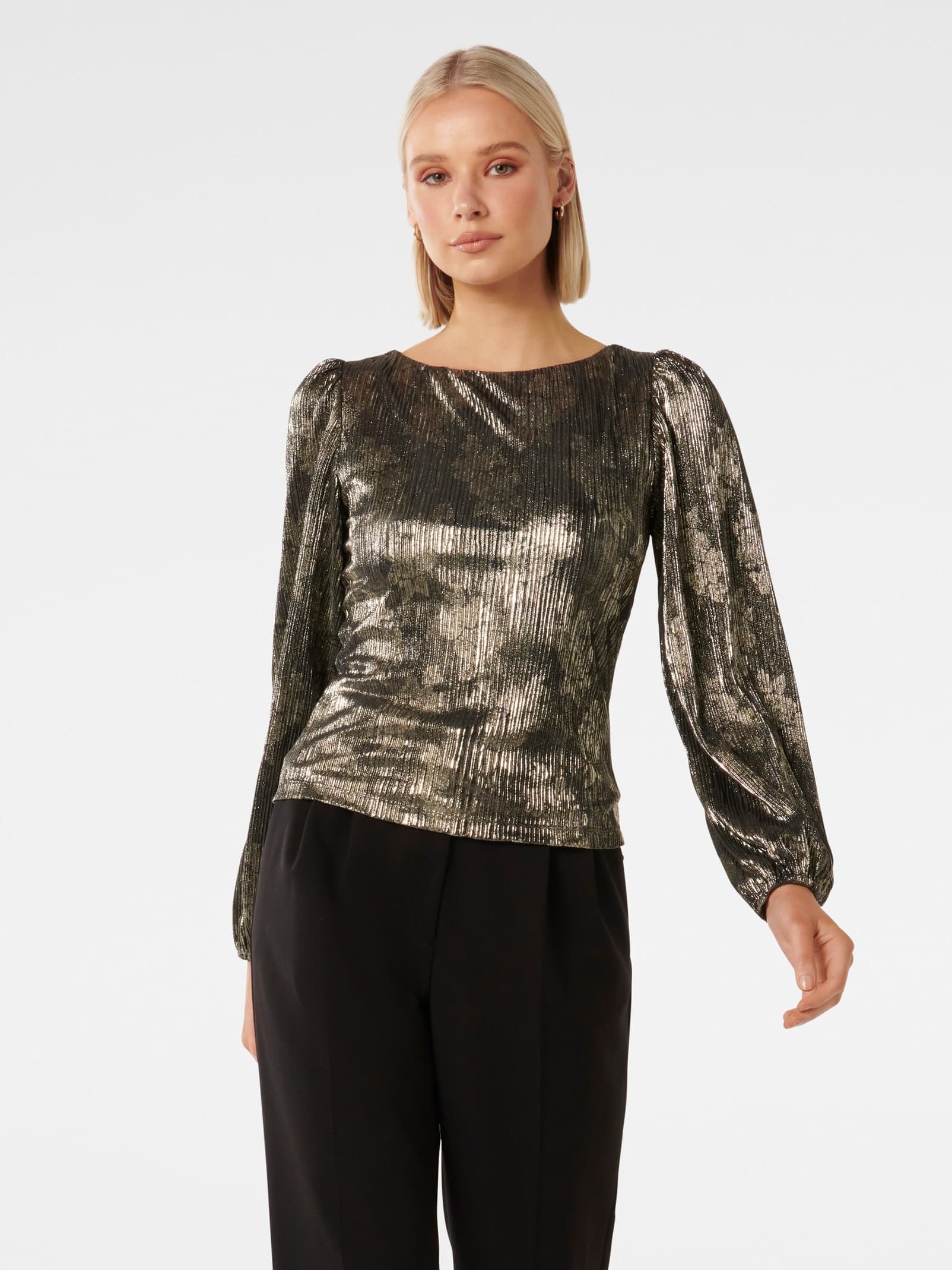 Gabriella Boat Neck Metallic Plisse Top