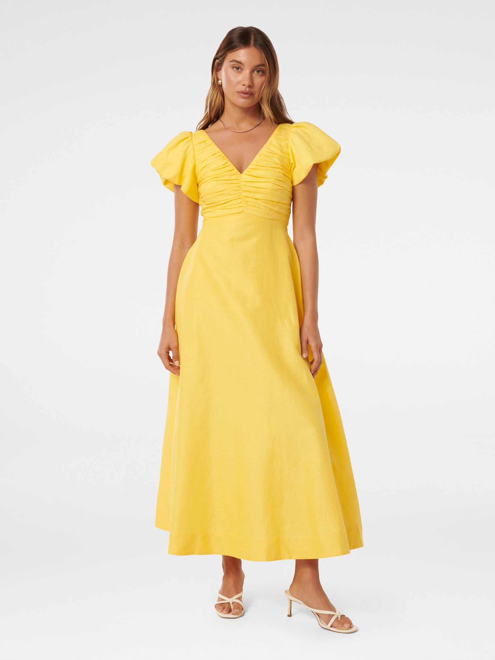 June Ruched Linen Midi Dress