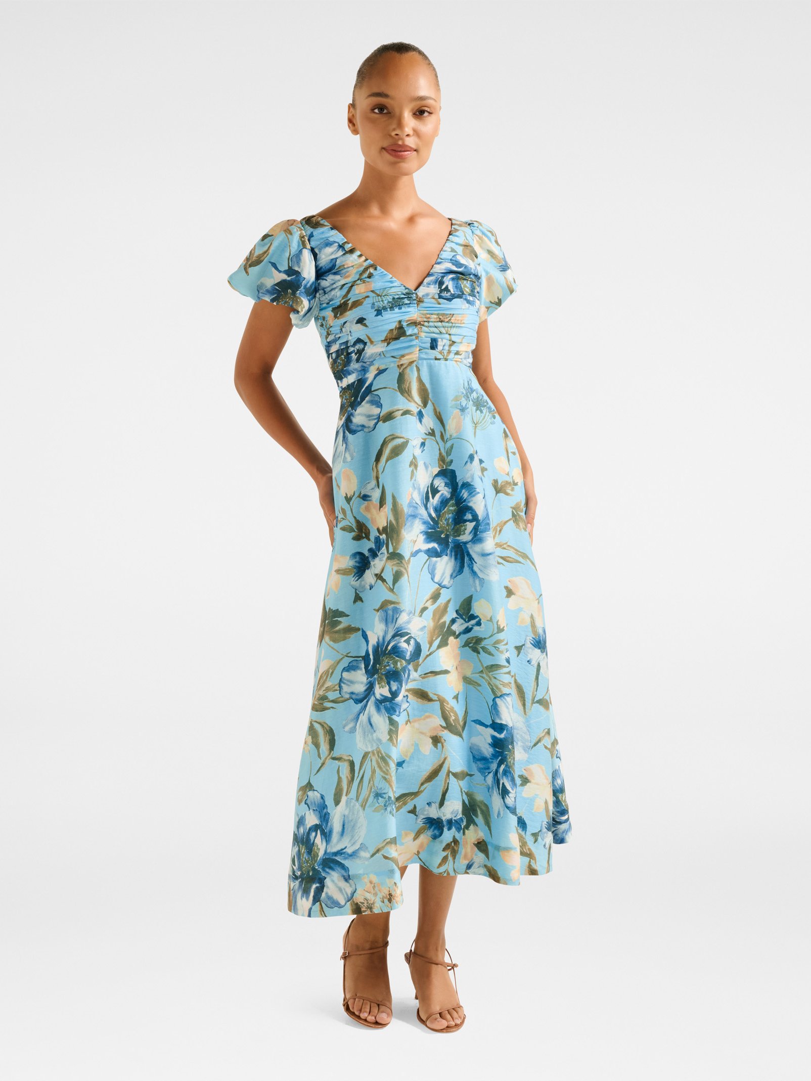 June Ruched V Neck Midi Dress