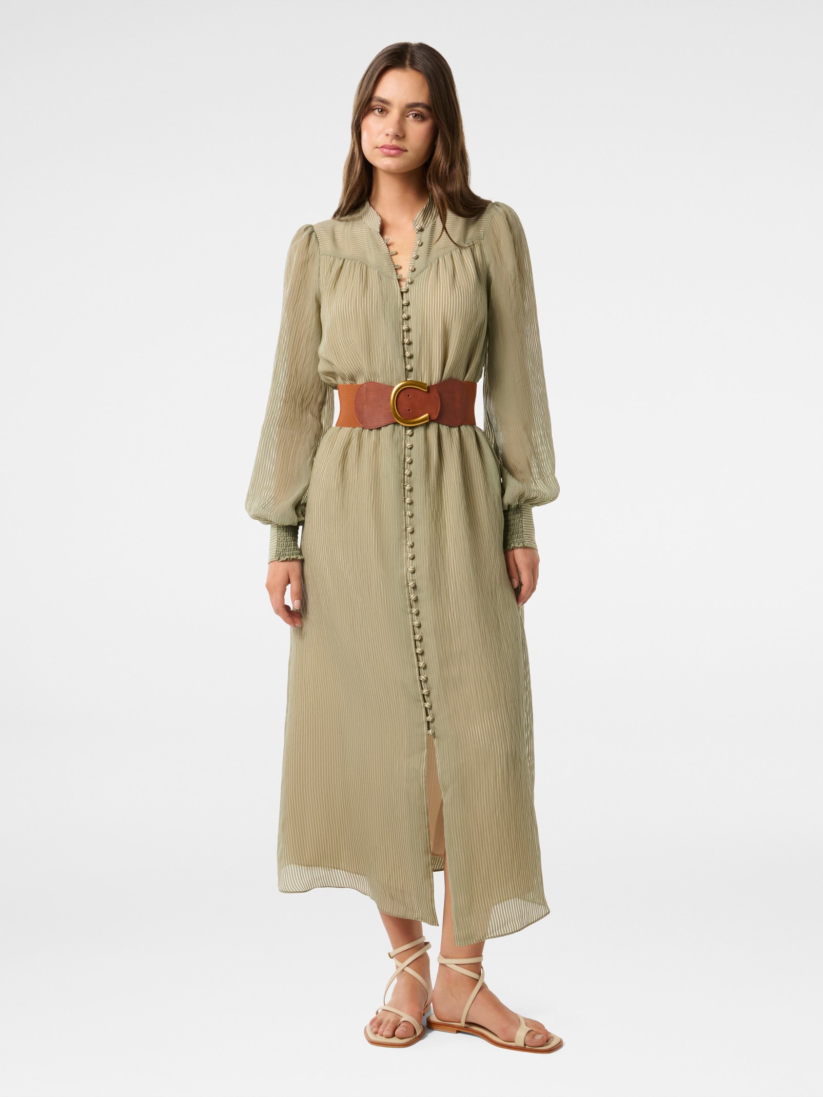 Anja Self Stripe Belted Midi Dress