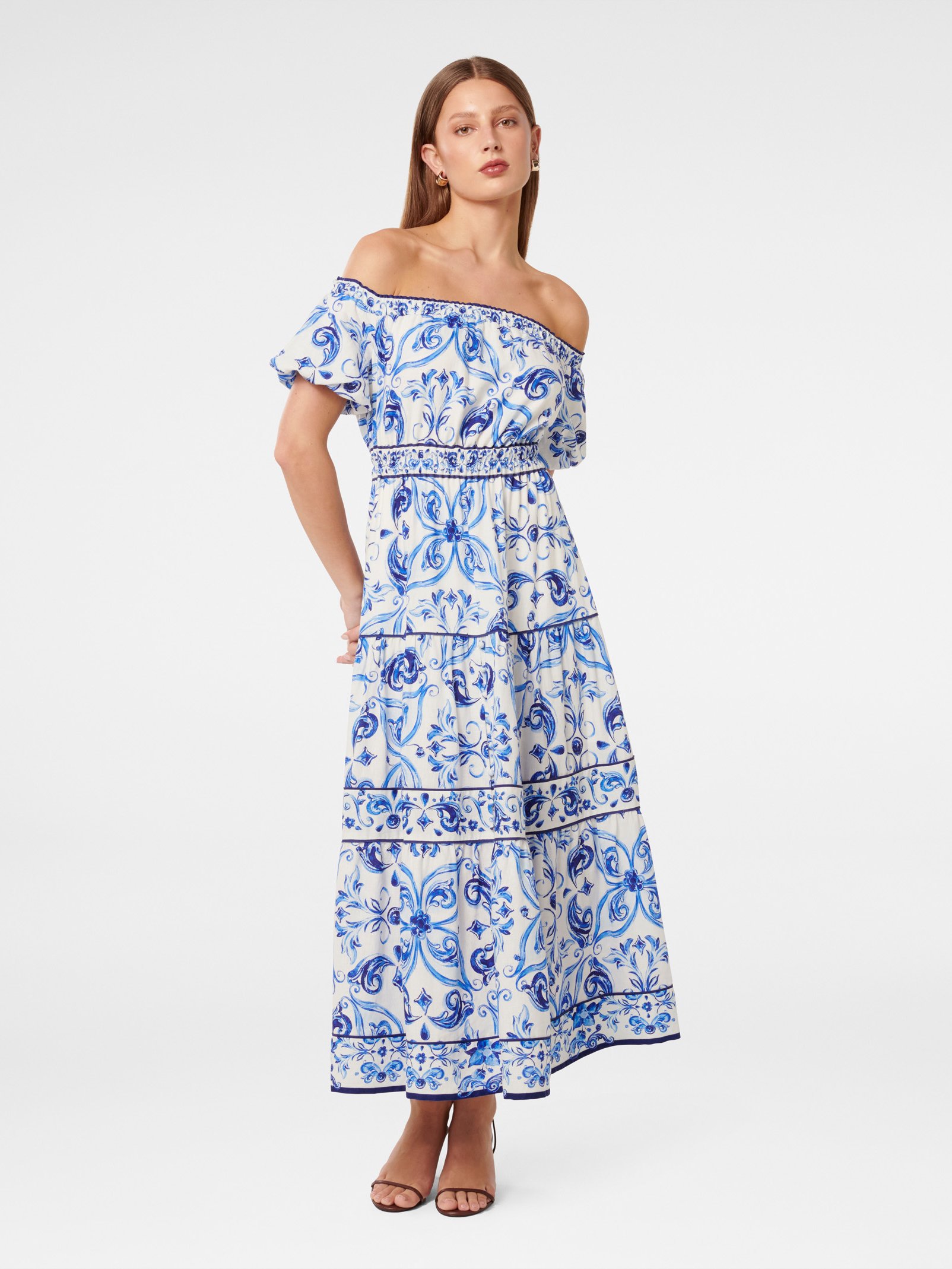 Ravenna Off Shoulder Tiered Midi Dress
