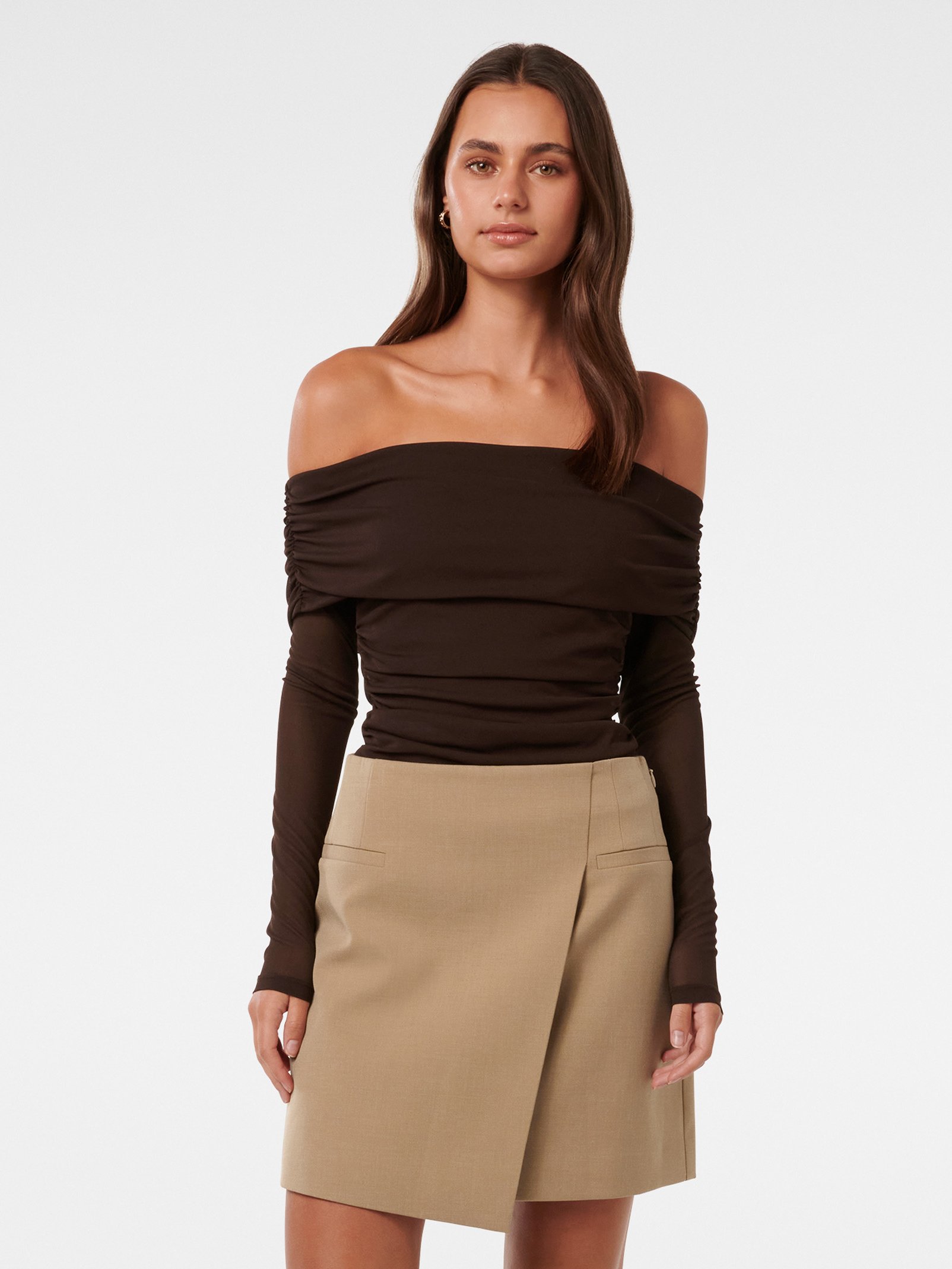 Kaia Ruched Mesh Bardot Top
