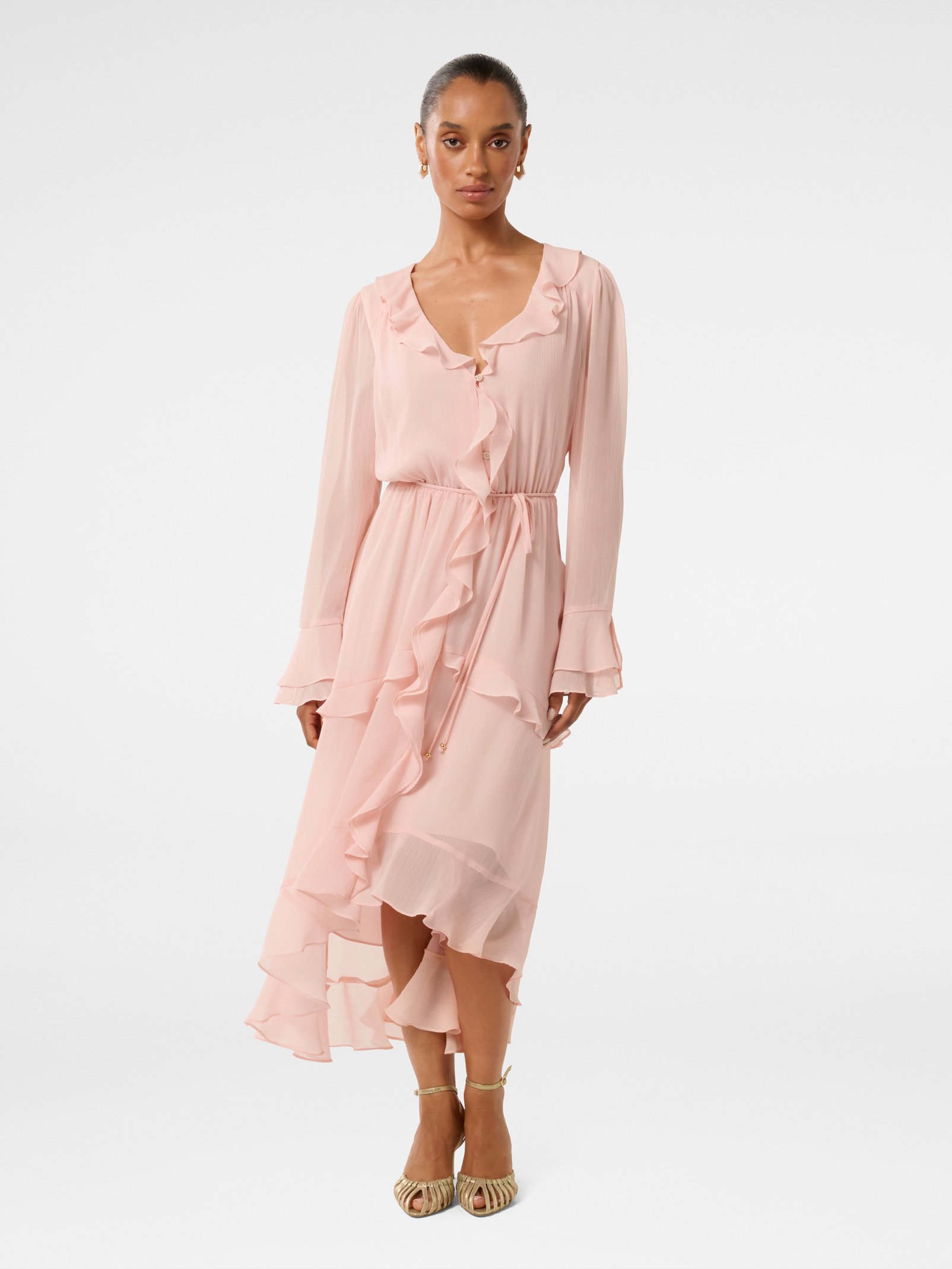 Kya Petite Long Sleeve Frill Midi Dress