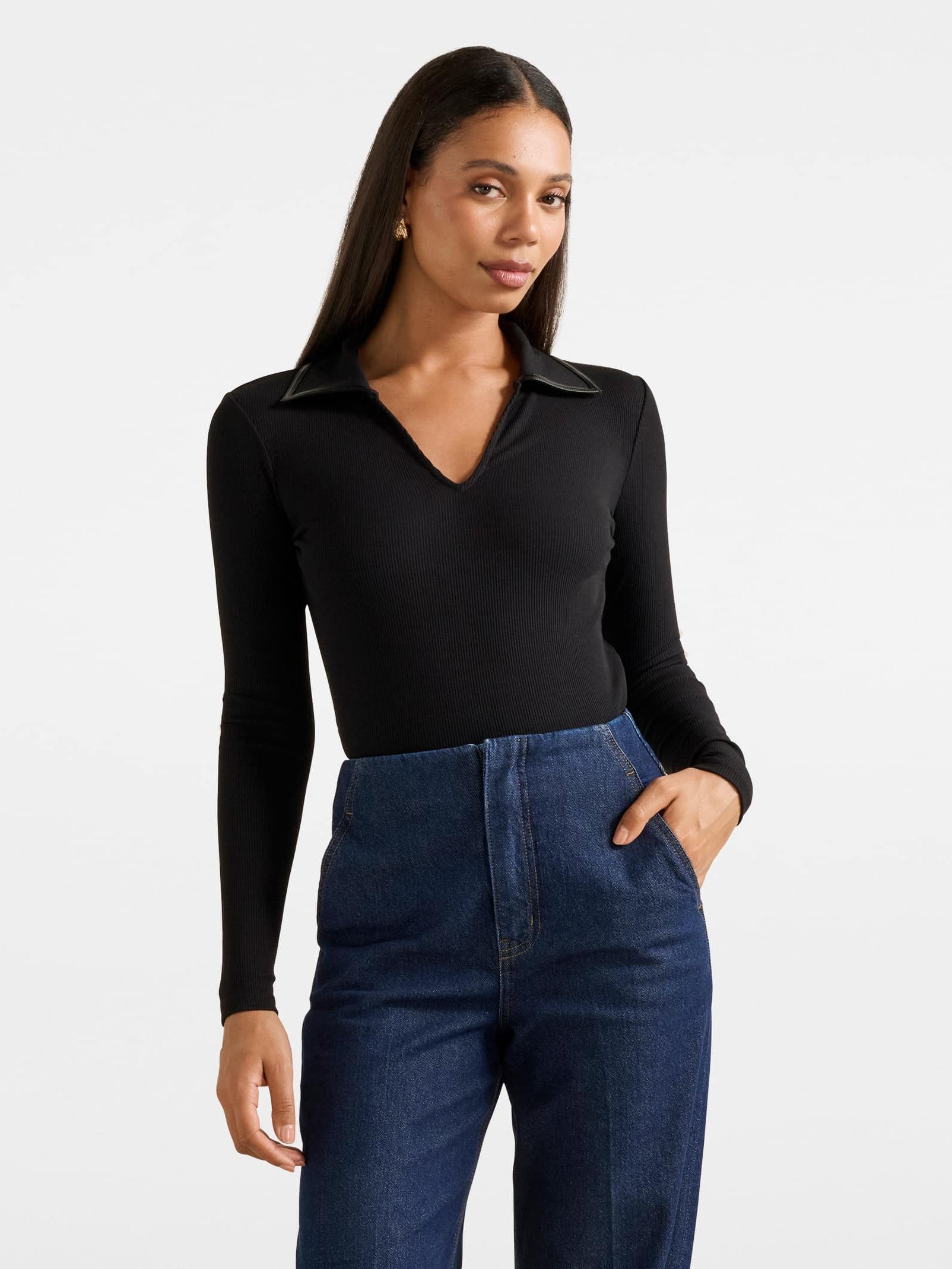 Maya PU Trim Long Sleeve Polo