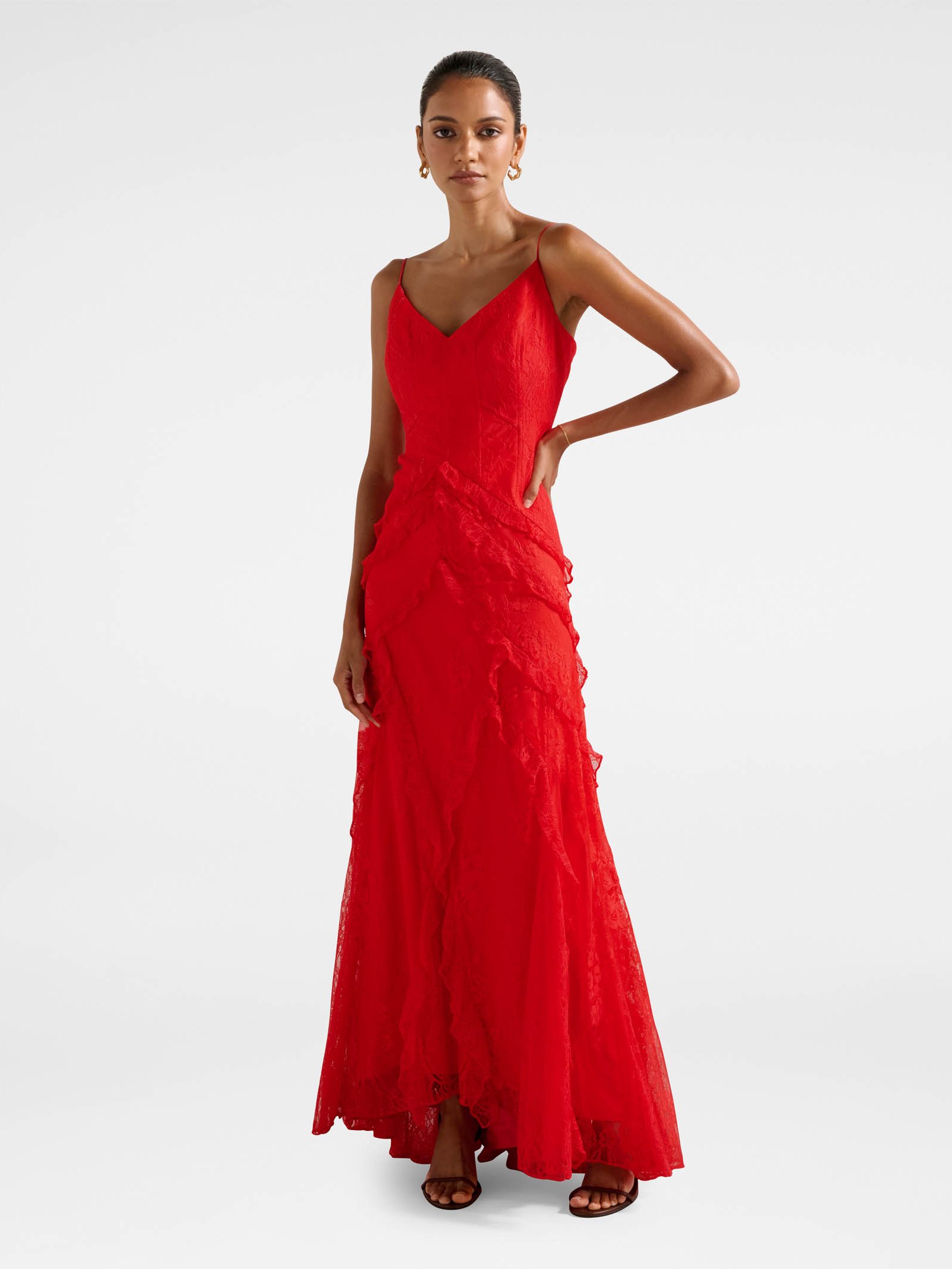 Gabrielle Petite Lace Ruffle Gown